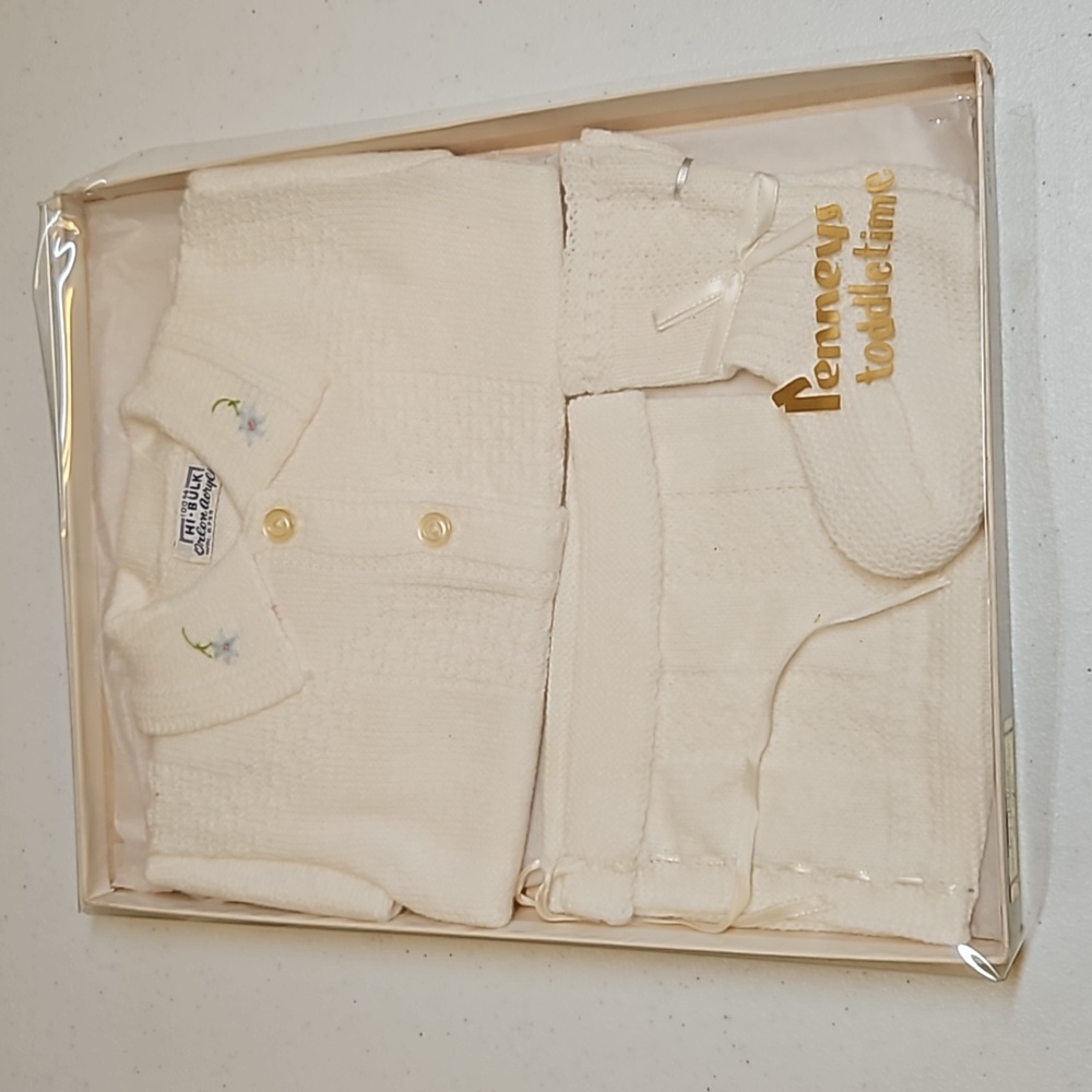 VINTAGE HI BULK TODDLETIME INFANT 3 PC. BOOTIE SET SWEATER WHITE NEW PENNEYS